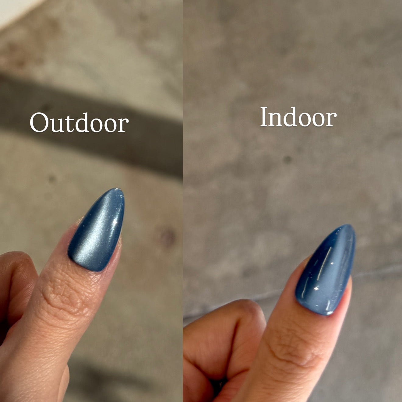 Comparison of blue nail polish under outdoor and indoor lighting conditions.