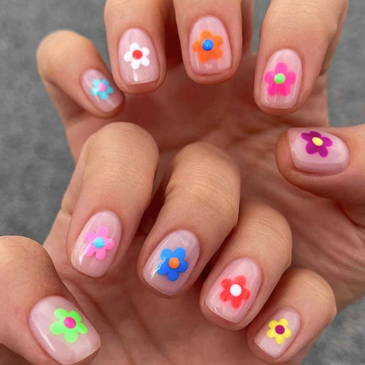 flower nails pink floral blue green short nails