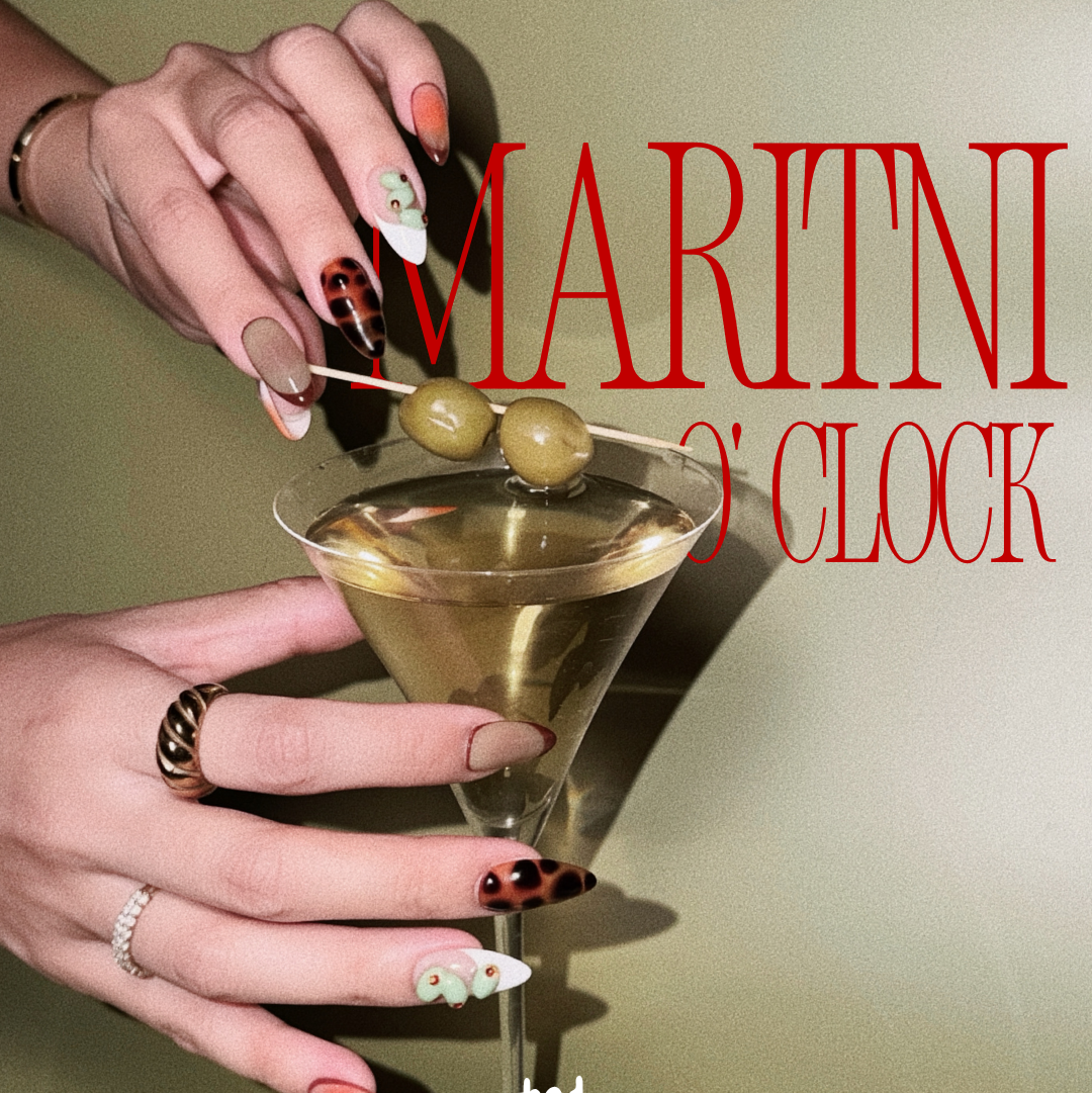 Hand holding a martini glass with olives, text 'Martini O'Clock', and brand name 'Bad Mood' on a green background.