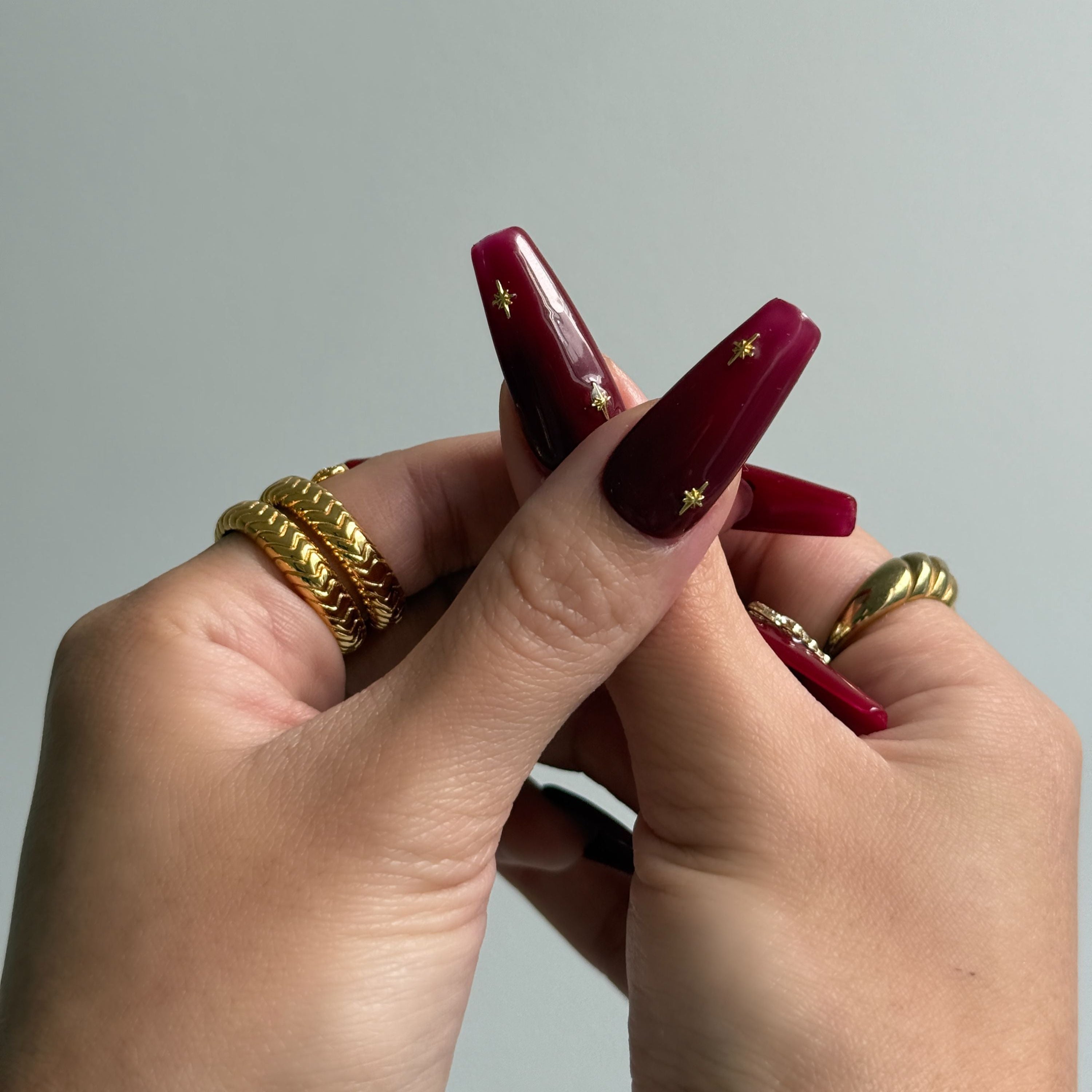 red nails coffin nails gold rings